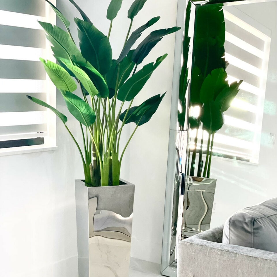 Vase cube moyen en acier inoxydable avec Oiseau de Paradis (2,13 m)