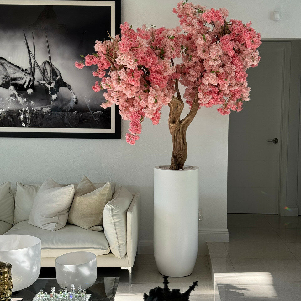 Vase Saint-Tropez blanc mat avec fleurs de cerisier roses personnalisées
